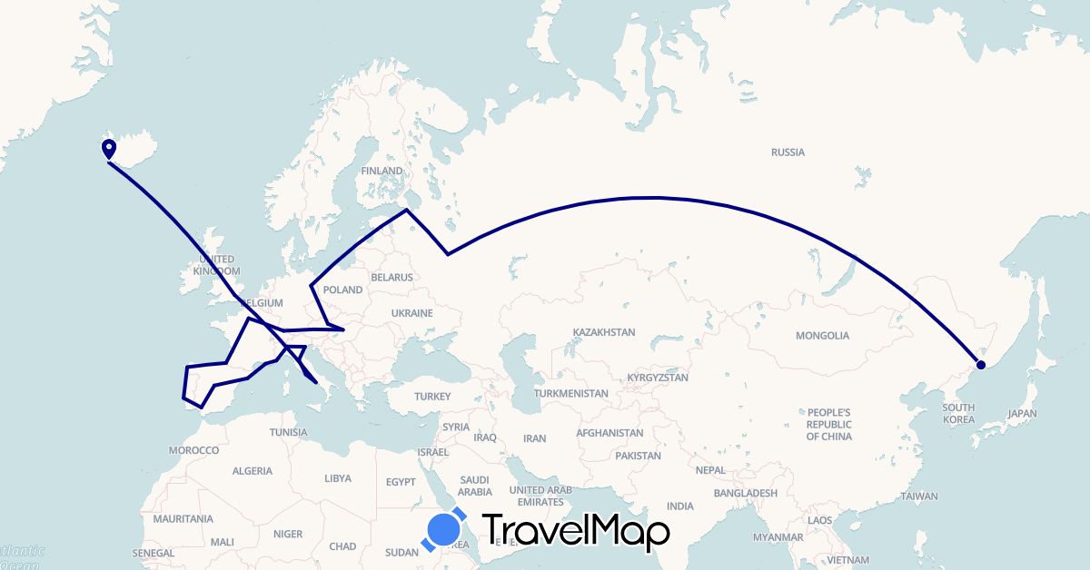 TravelMap itinerary: driving in Austria, Switzerland, Germany, Spain, France, United Kingdom, Hungary, Iceland, Italy, Portugal, Russia (Europe)